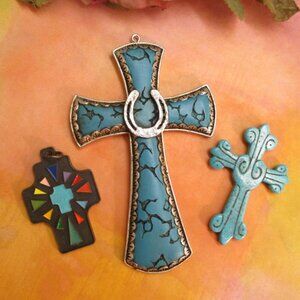 VINTAGE Southwestern Style Cross Lot ~ Mixed Material Silver Turquoise Cross Lot